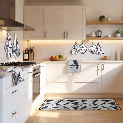 Halloween Crows Kitchen Towels Oven Mitts Pot Holders Set - Black Gray White