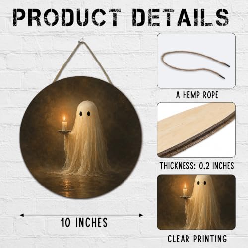 Halloween Ghost Round Door Sign - 10 Inch Wooden Rustic Plaque with Rope - Ghost-3 Variation