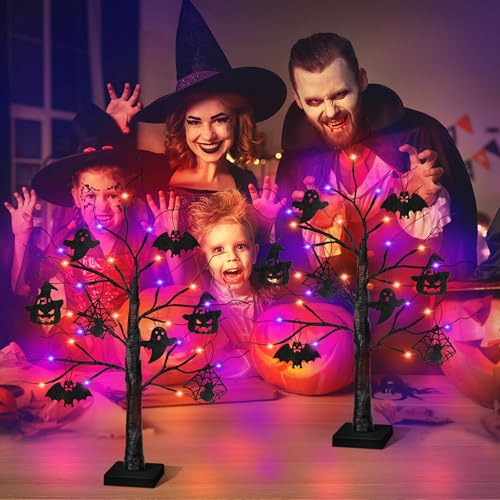 Indoor Halloween 2 Pack Black Tree with Orange & Purple LED Lights - Spooky Home Decor