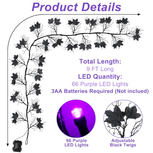 Purple Lighted Halloween Garland - 9 Ft Battery-Operated Willow Vine Decor with 8 Modes & Timer