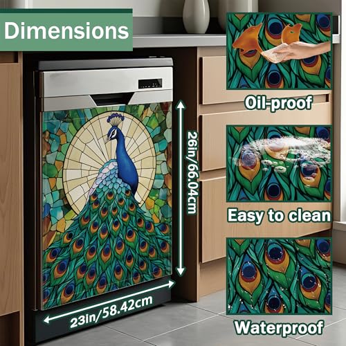 Green Peacock Dishwasher Magnet Cover - Decorative Refrigerator Front Panel - 23x26 Inch