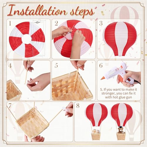 Hot Air Balloon Table Centerpieces Set - Red and White, 8 Pieces with Baskets & DIY Decor