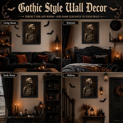 Skeleton Wall Art Framed Gothic Dark Academia Halloween Decor - 16x24in Variation of Skeleton Print / Framed / 24L x 16W