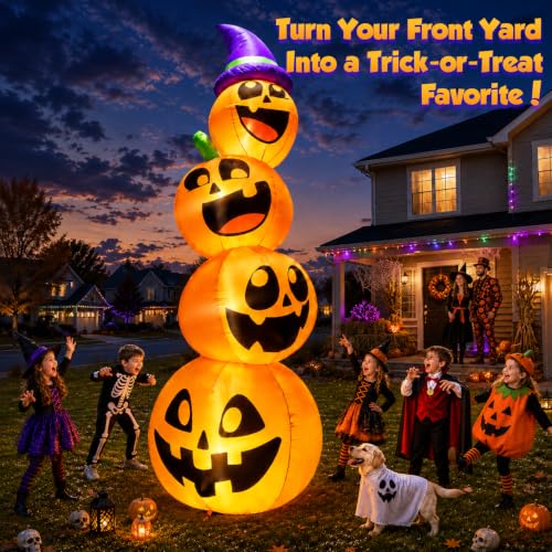 Giant 12FT Halloween Inflatable Pumpkin Stack with LED Faces & Witch Hat - Outdoor Yard Decor