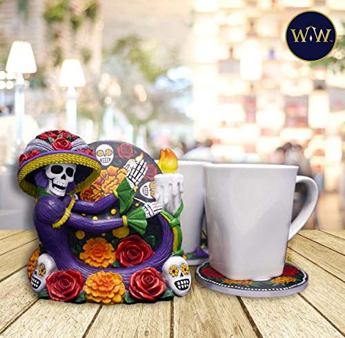 Day of The Dead Catrina Coaster Set - 4 Ceramic Drink Coasters with Holder
