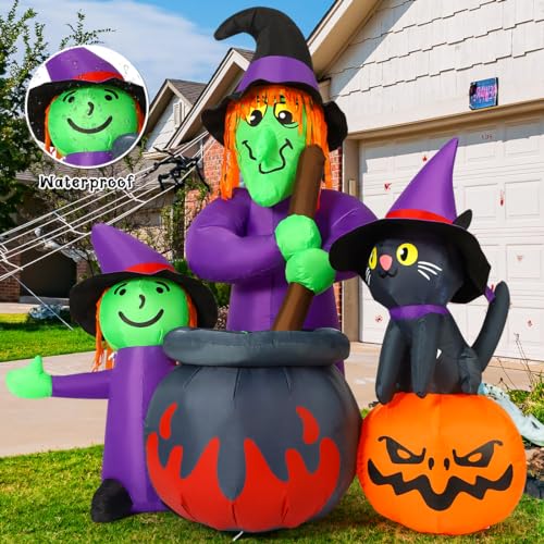 Halloween Inflatable Witch and Cauldron Decor - 6 FT Outdoor Yard Ornament with Built-in LEDs