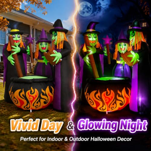 6 FT Halloween Inflatable Witch Scene - Black Witches Around Cauldron with Built-in LED Lights Outdoor Decorations