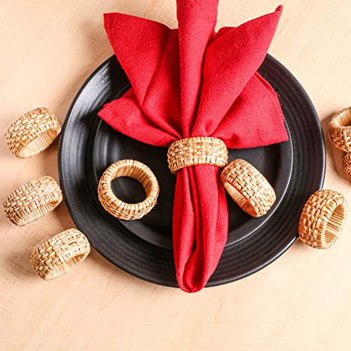 12 Pack Rattan Napkin Rings Set - Natural Elegant Decor for Dining Table - Brown Variation