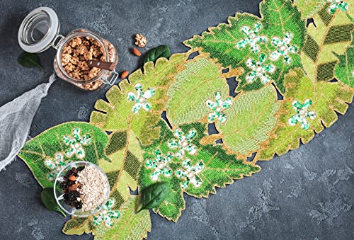 Green Leaves Hand Beaded Table Runner 13x36 Inches - Farmhouse Decor