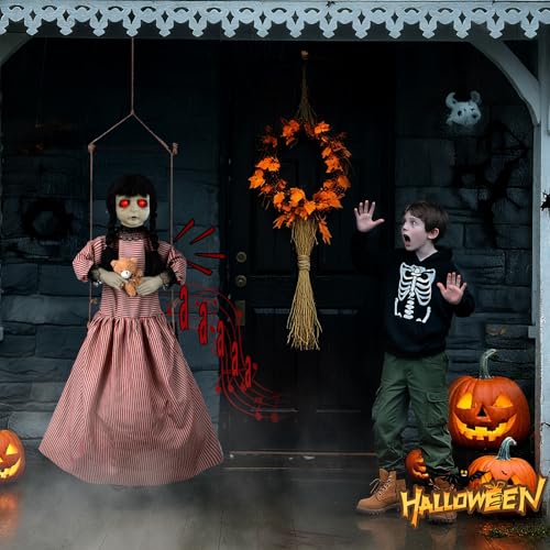 Halloween Hanging Girl Decoration with Glowing Eyes and Sound, Outdoor Haunted House Prop