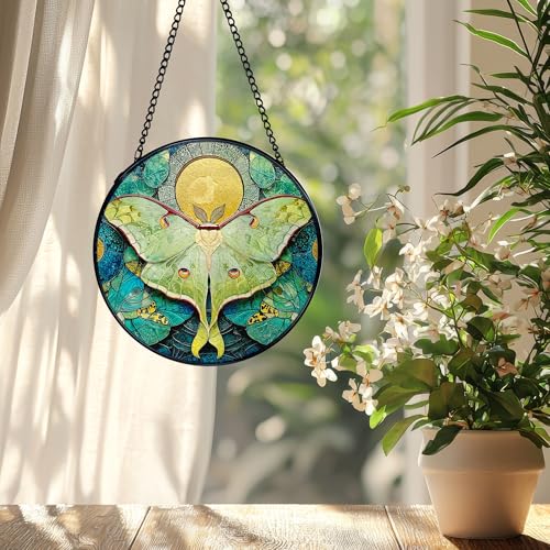 Green Luna Moth Suncatcher Stained Glass Window Hanging - Wall Art Decor, 7.9 Inch