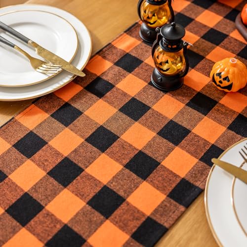 Joyfol Day Halloween Orange Buffalo Plaid Table Runner 13x60 Inch Fall Decor - Black & Orange