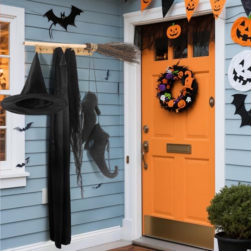 Halloween Witch Decoration Set with Wooden Broom & Accessories - Porch Decor