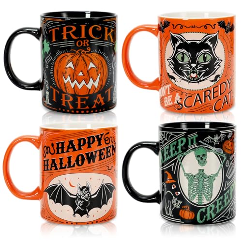 Halloween Ceramic Coffee Mug Set - Pumpkin Black Cat Skeleton 12oz