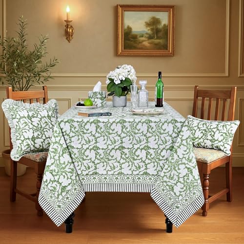 Ridhi Sage Green Hand Block Print Cotton Rectangular Tablecloth 108 x 60 Inches - Elegant Dining Decor
