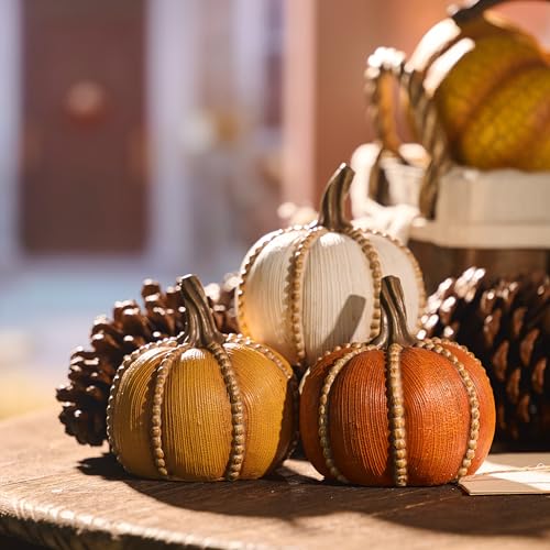 Set of 3 Fall Pumpkin Decor - Resin Autumn Centerpieces for Home, Thanksgiving & Halloween