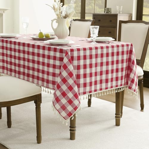 Red Gingham Tassel Tablecloth 55x102 Inch Rectangle Rustic Farmhouse Decor