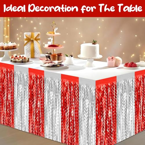 Red Silver Wave Foil Fringe Table Skirt - 29x108 Inch Party Decoration