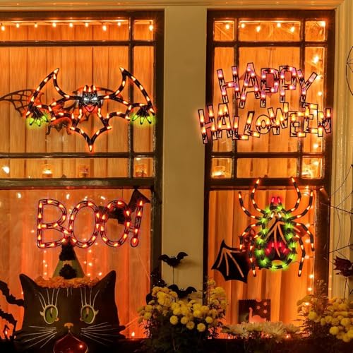 Halloween Window Silhouette Decorations Lighted Spider Bat Happy Halloween - 4-Pack - Variation of Spider Bat Happy Halloween BOO