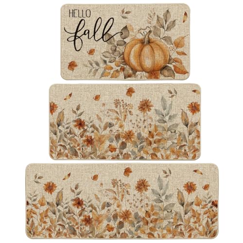 Hello Fall Kitchen Mat Set of 3 - 17x29, 17x36, 17x47 Inches, Beige