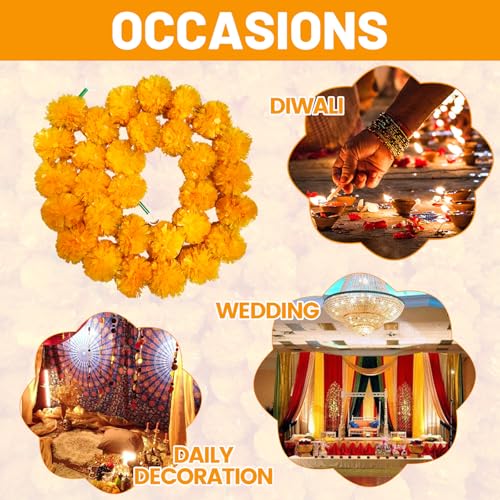Artificial Marigold Garland for Decoration - 10 Pack, 5 Feet Orange Flowers