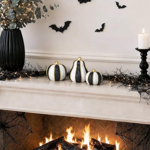Set of 3 Black & White Modern Resin Pumpkins Fall Decor - Glitter Finish