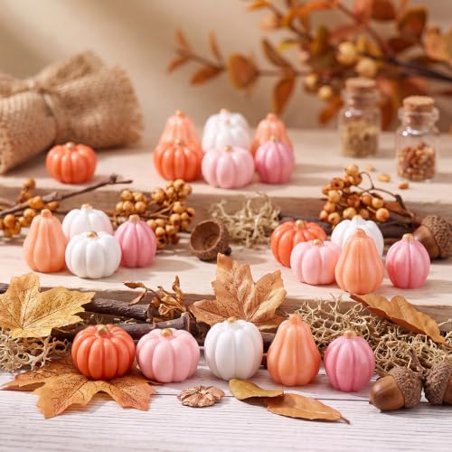 Mini Pink Resin Pumpkins for Crafts & Fall Decor - 100 Pieces, Variation Pink+White+Brown