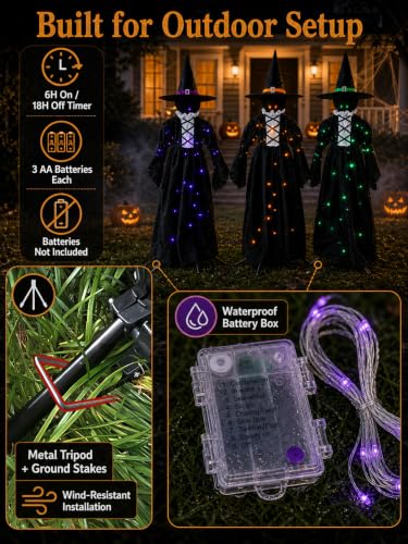 Set of 3 Light Up Halloween Witch Decorations Outdoor - 59 Inch LED Yard Stakes