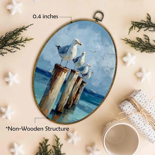Seagull Coastal Wall Art Decor - Oval Canvas Frame, 11x8.5 Inch - Beach House Art