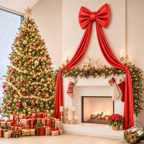 Large Red Christmas Bow Decoration - 70 x 22 Inches Oversized Satin Holiday Wreath Topper with Ribbon - Variation: Red / 70 x 22 Inch