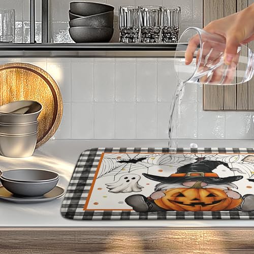 Halloween Gnomes Dish Drying Mat with Bats & Pumpkins - Large Microfiber Kitchen Mat
