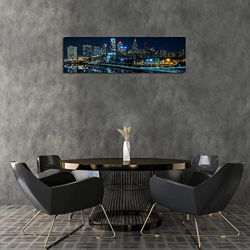 Philadelphia Skyline Wall Art Canvas Prints Night Cityscape Blue 14x48 with Frame - Blue Night Schuylkill River