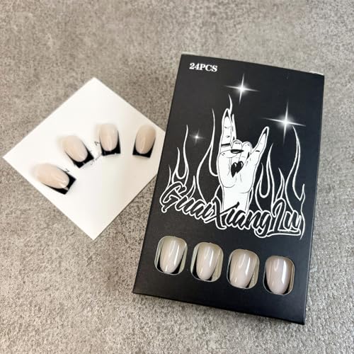 Black French Tip Press On Nails - Medium Square Fake Nails for Manicure - 24Pcs