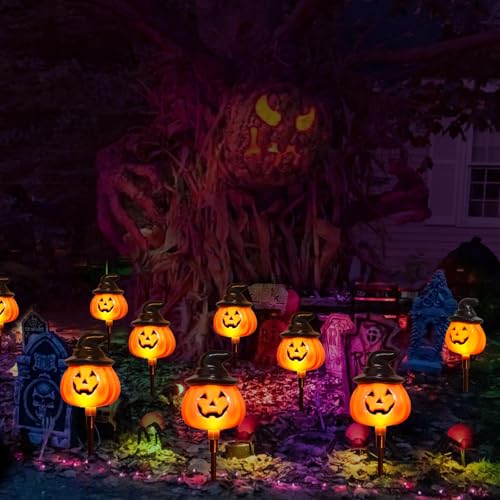 Solar Jack O Lantern Stake String Lights - Halloween Pathway Decor, Outdoor Waterproof Yard Lights