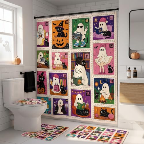 Funny Ghost Bathroom Shower Curtain and Rug Set - Halloween Decor, 4PCS