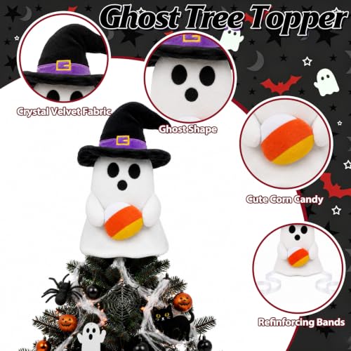 11-Inch Halloween Ghost Tree Topper with Witch Hat and Candy Corns