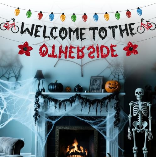 Halloween Birthday Party Banner - Welcome to the Other Side Upside Down Horror Decorations
