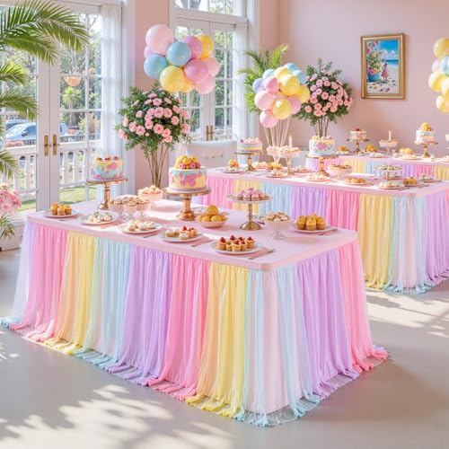 Rainbow Tulle Tablecloth for 8ft Rectangle Tables with Ruffle Skirt - Pastel Rainbow Party Decor