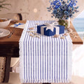 Blue Striped Table Runner 71x12 Inch Rustic Fringe Cotton Linen Decor