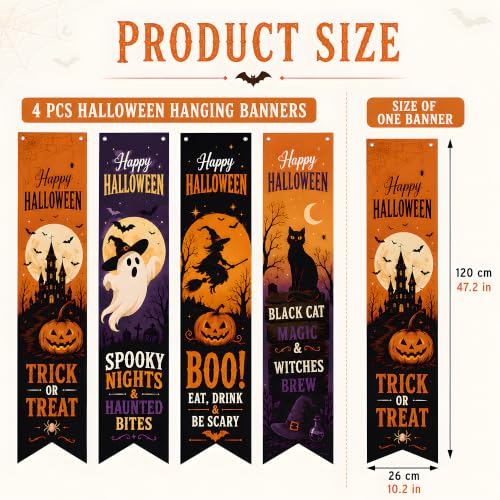 Halloween Decorations - 4 Pack Vertical Hanging Banners in Orange, Black & Purple - Spooky Party Decor