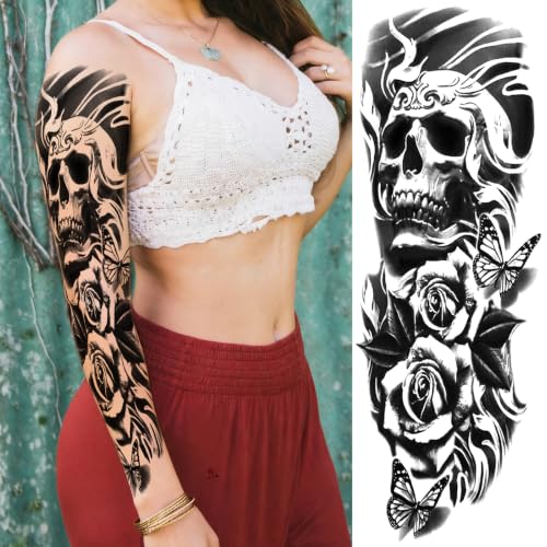 Full Arm Skull Flower Temporary Tattoo Sleeve for Women – 4 Sheets | Variation: Skull