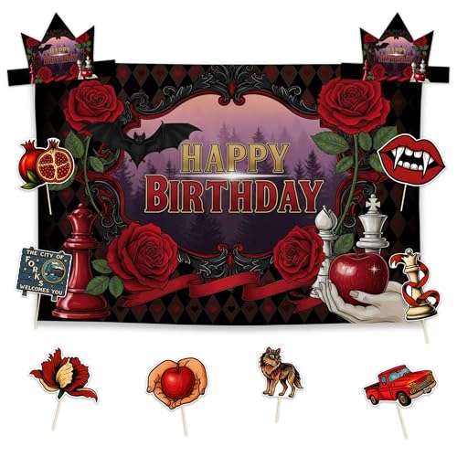 Vampire Rose Birthday Party Supplies Set with Backdrop, Photo Props & Headwear