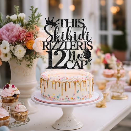 12 No Cap Cake Topper - Black Glitter Birthday Decoration, Variation of 12