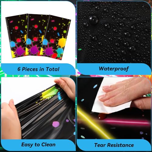VitalCozy 6 Pcs Neon Glow-in-The-Dark Tablecloths for Parties - 80s Style
