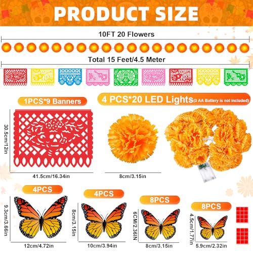 Artificial Marigold Garland Set with Lights for Dia de Los Muertos & Diwali Decorations - 40Ft, 80 Lights, Butterfly & Papel Picado