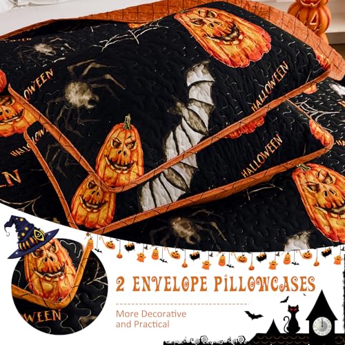 Halloween Queen Quilt Set - Pumpkin & Bat Festive Bedspread Coverlet - Variation of THIS listing
