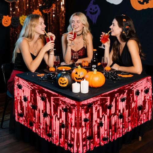Red Sequin Halloween Tablecloth 28x106 Inch with Spider Decorations