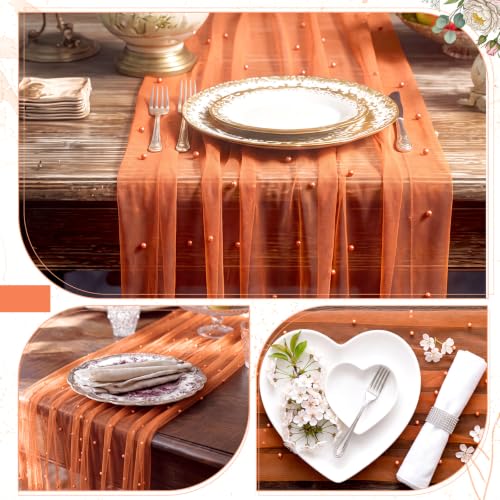 Orange Fall Gauze Pearl Table Runner 10ft Set for Holiday & Event Decor