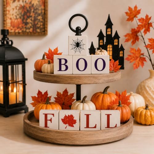 Fall Halloween Tiered Tray Decor 4 Pcs Wooden Signs - Orange & Purple Variation