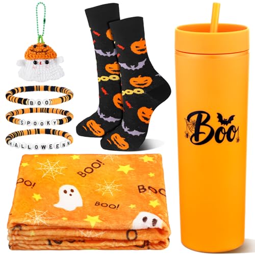 Halloween Boo Gift Set with Ghost Cup Blanket Socks Bracelets - Orange Themed